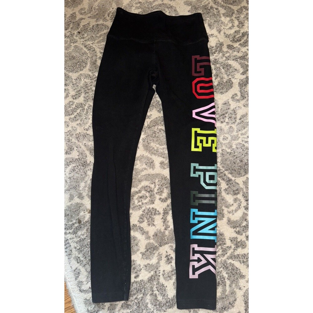 Y2K Victoria Secret Pink Rainbow Leggings Black LOVE PINK Logo M 4” Waist Band